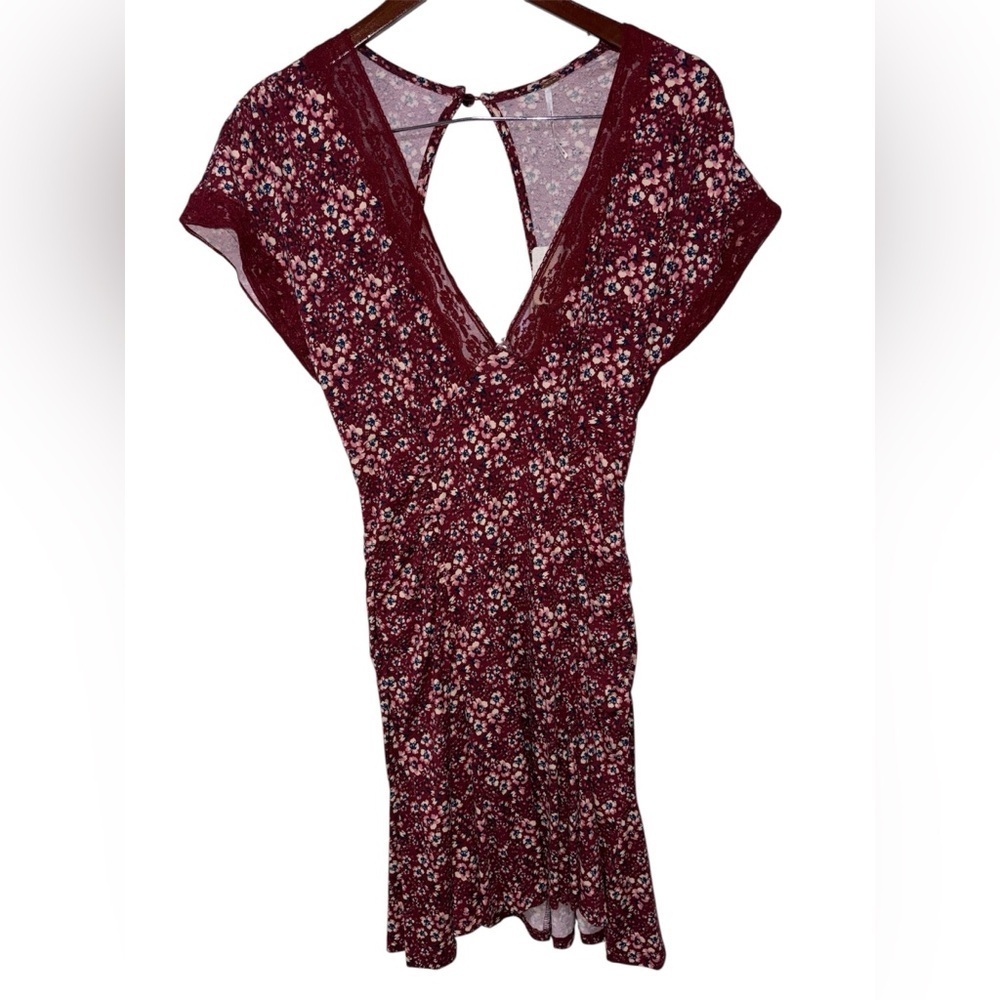 Free People Red Floral Lace Trim Mini Dress Open Back Boho Sz.S-flaw - Picture 2 of 9